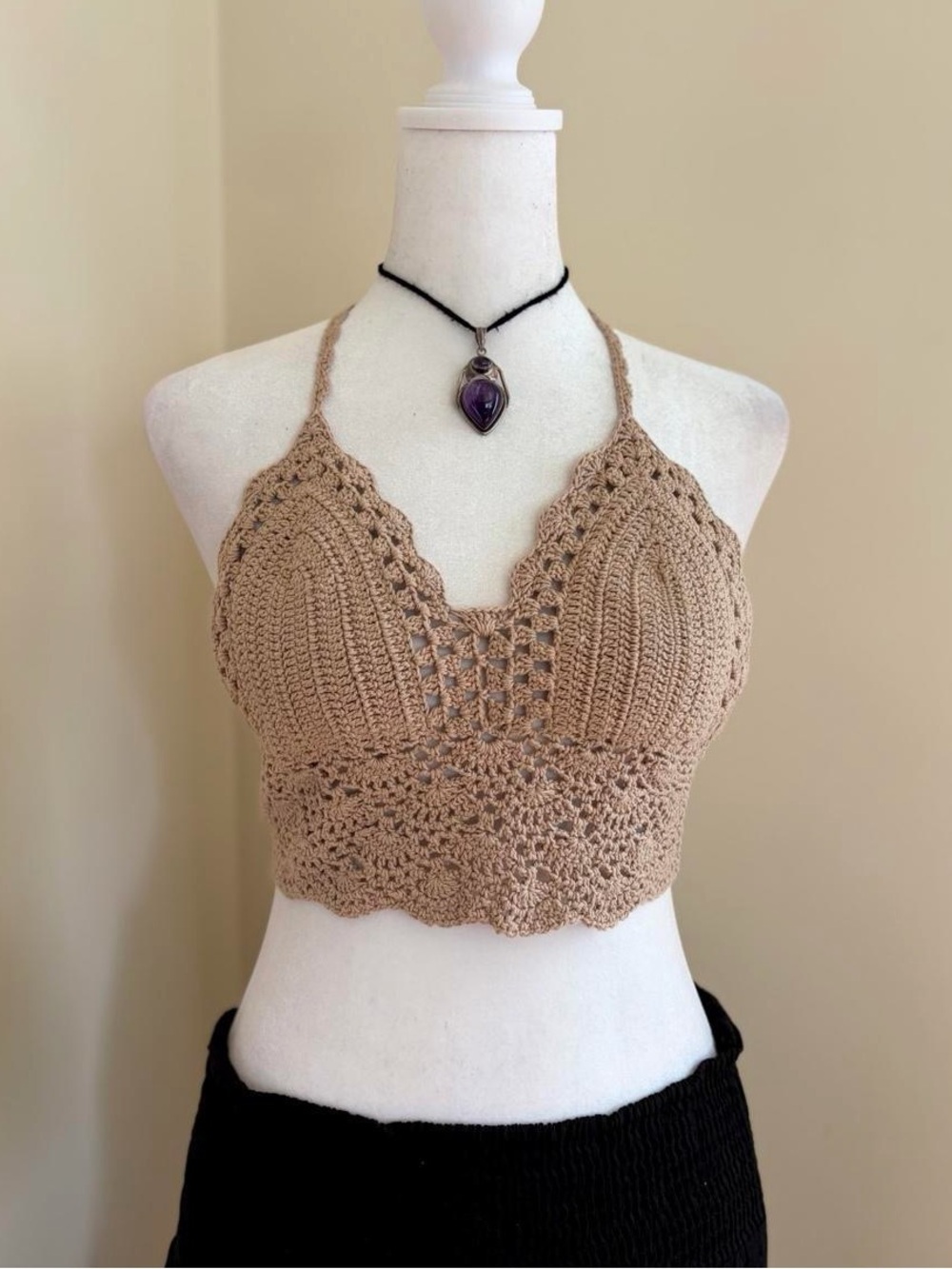 Tan lace crochet halter tank top embroidered knit boho whimsygoth hippie Y2K
